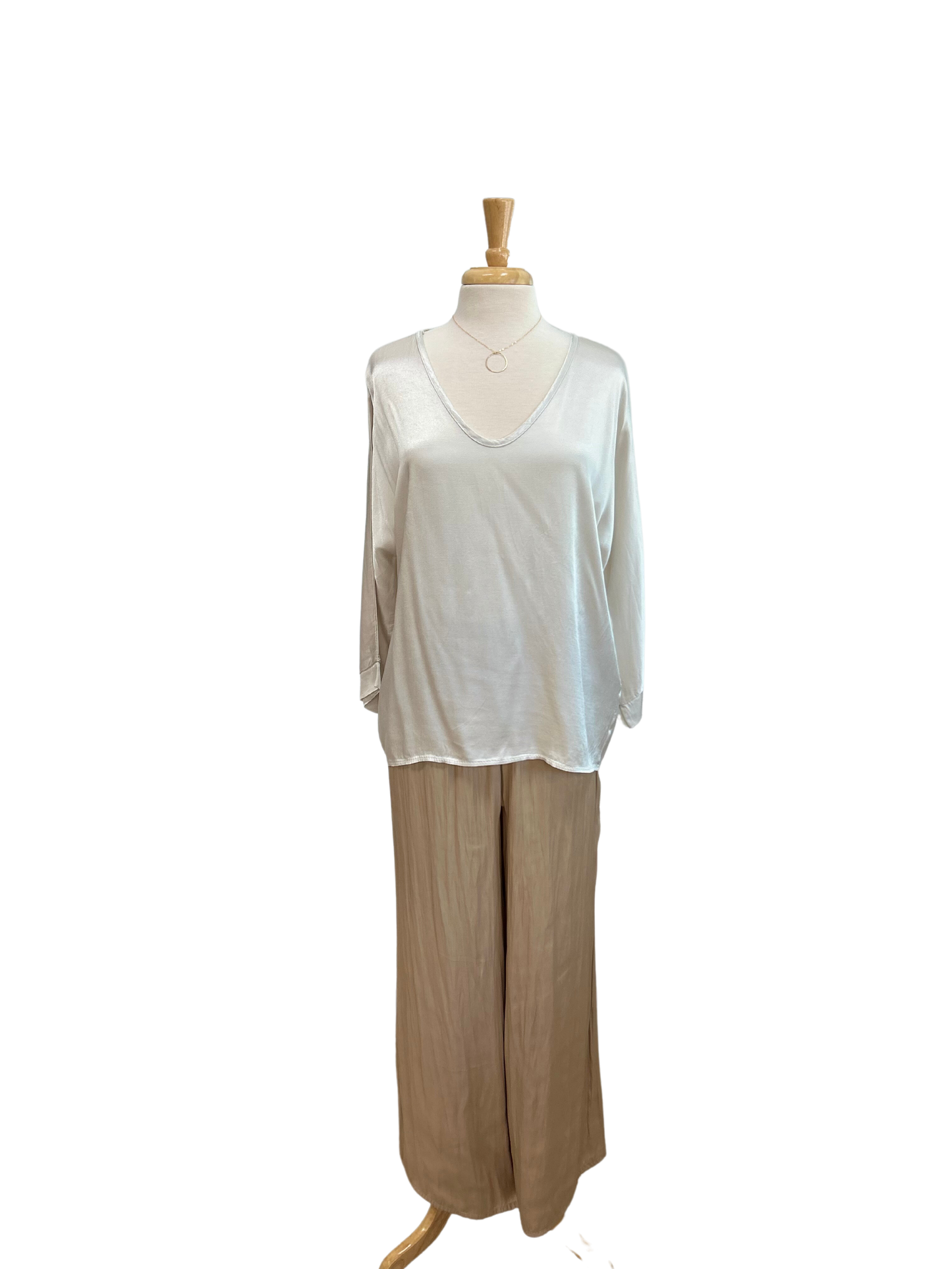 V-Neck Cuff Sleeve Satin Top