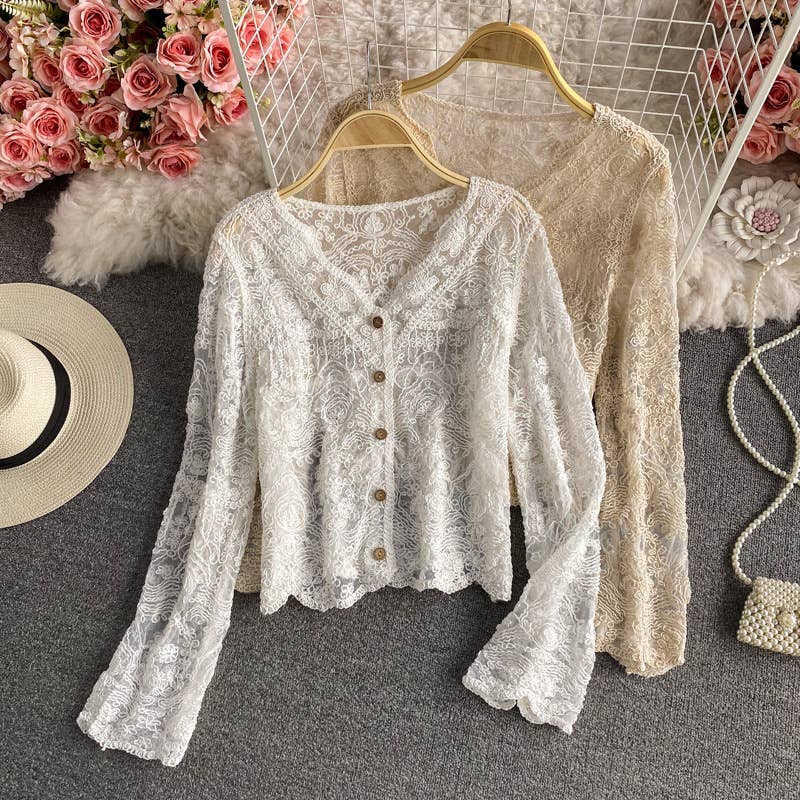 Hope & Sunshine - Crochet Cutout Long Sleeve Lace Mesh Top