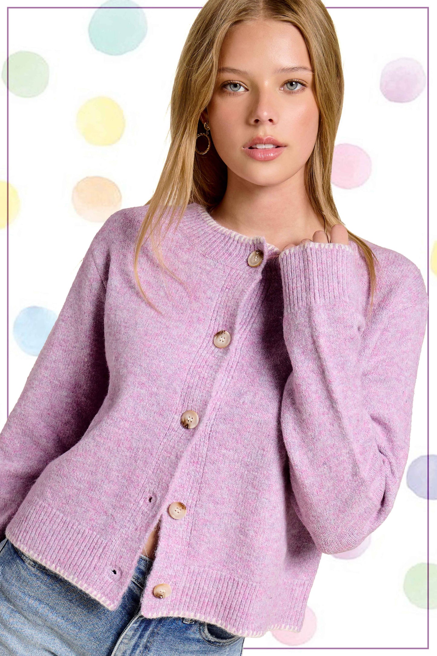 La Miel - MDS3612-Fuzzy Cardigan With Marble Button & Blanket Stitch