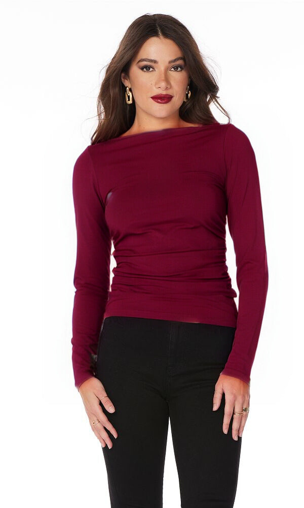 SHIRRED SLASH NECK L/S TOP