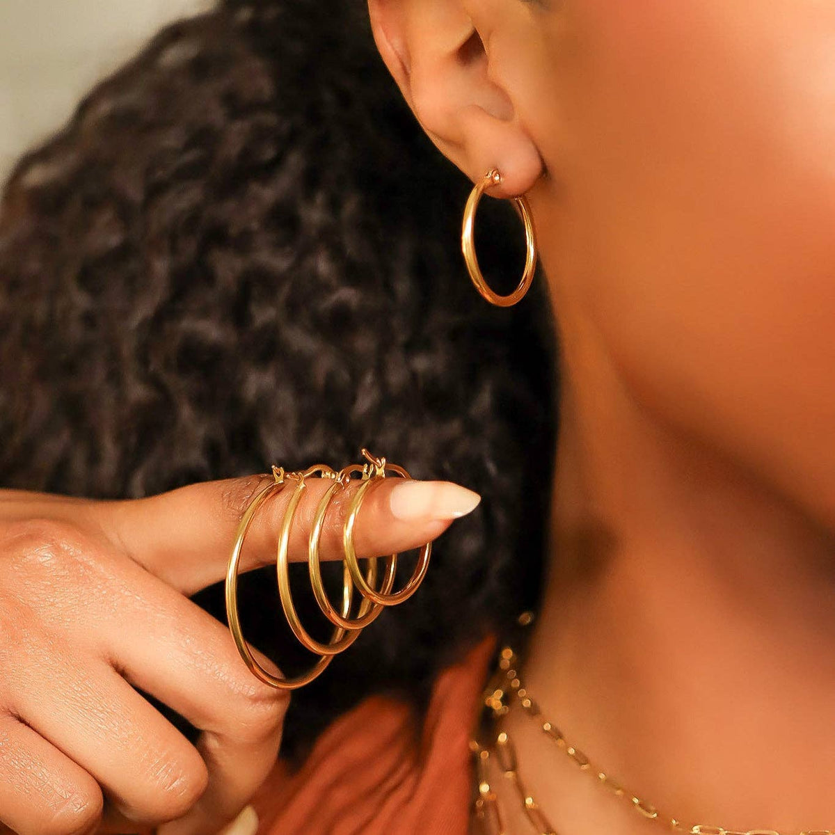 18K Gold PVD Stainless Steel Round Tube Hoop Earrings - WJW