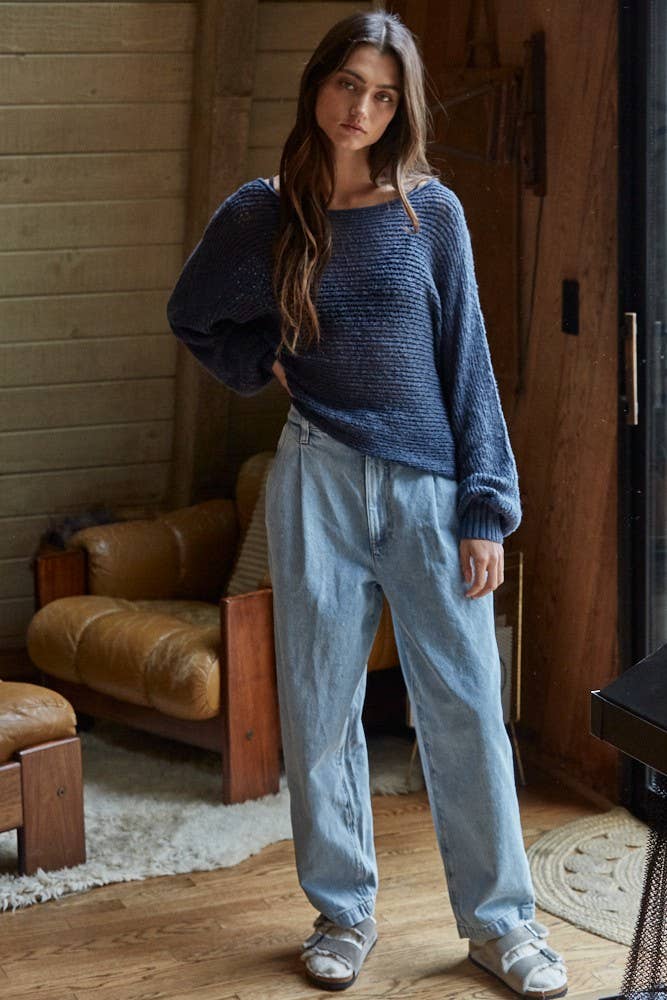 Sweater Knit Crochet Round Neck Long Sleeve Top - By Together