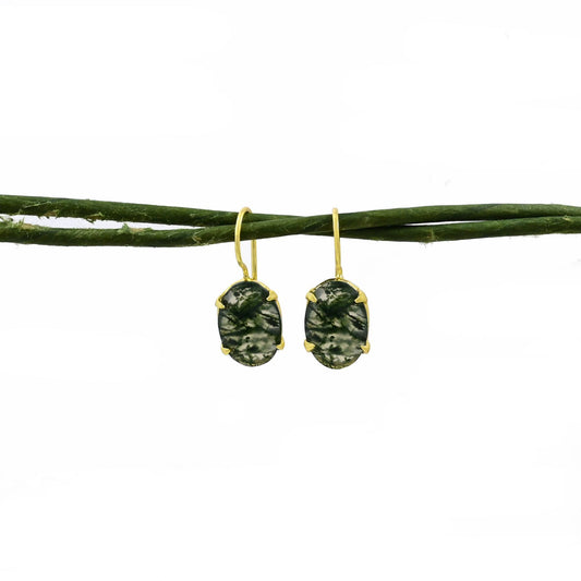 Schmuckoo Berlin - Oval Prong Gemstone Earrings Gold - Green Moss Agate