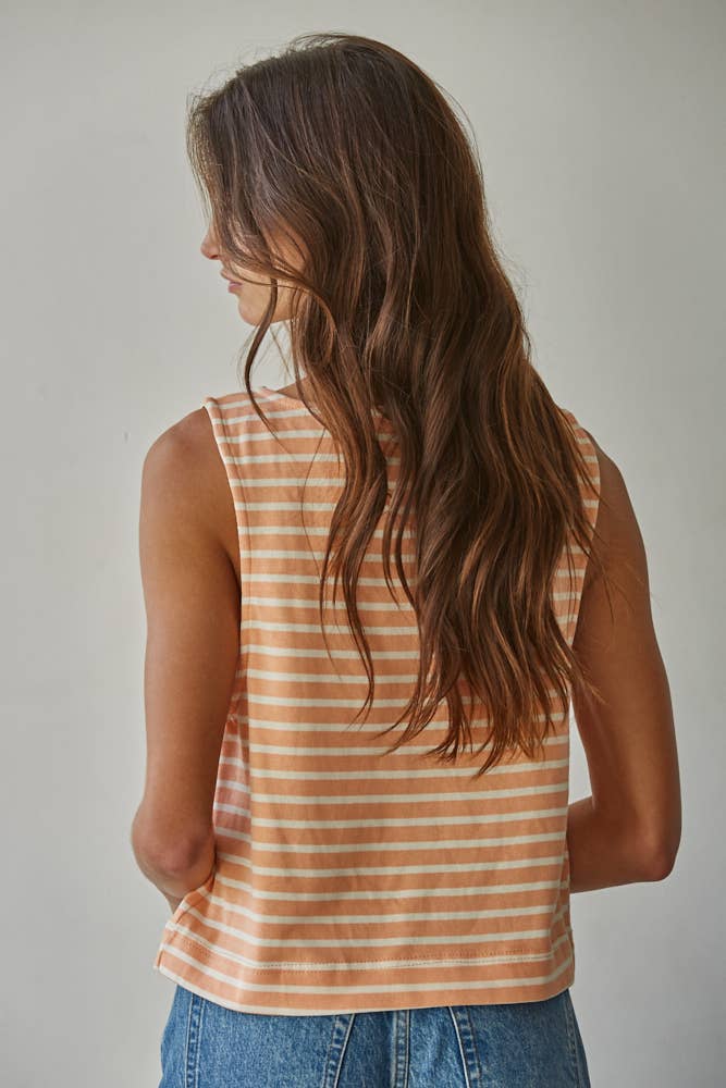 By Together - L9620 | Knit Cotton Striped Round Neck Sleeveless Top