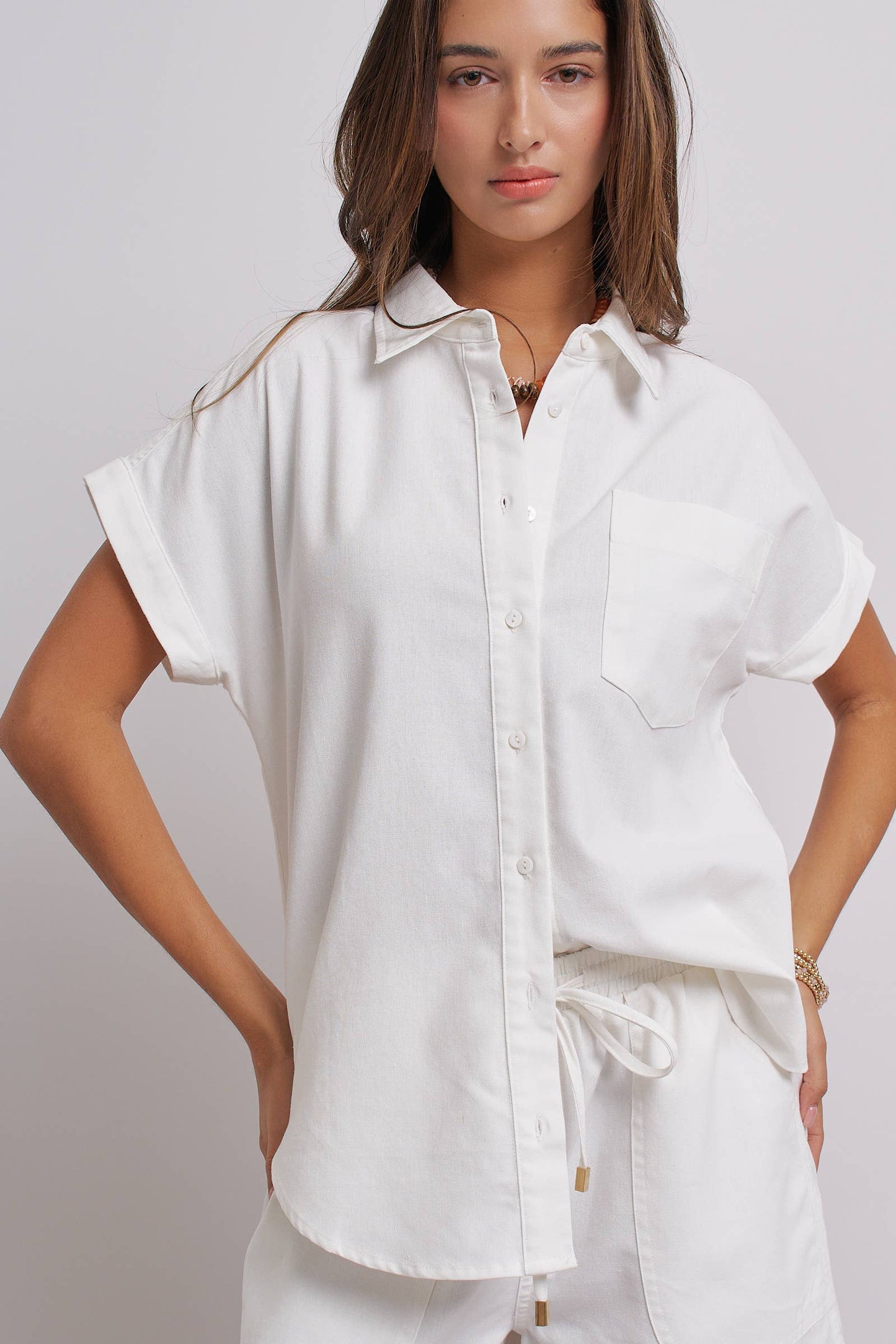 Urban Daizy - Striped Linen Short Sleeve Button-Down Shirt