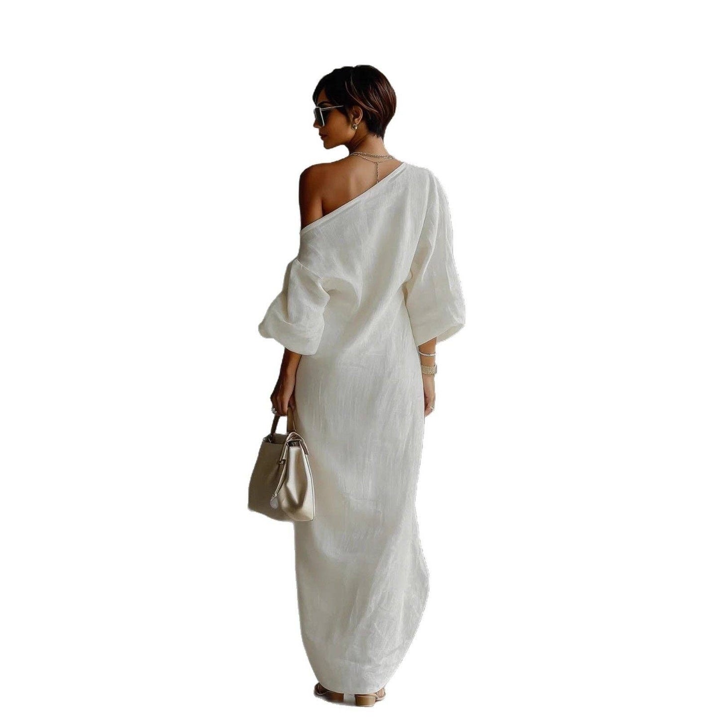 Off Shoulder Long Sleeve Solid Color Dress - UZWS