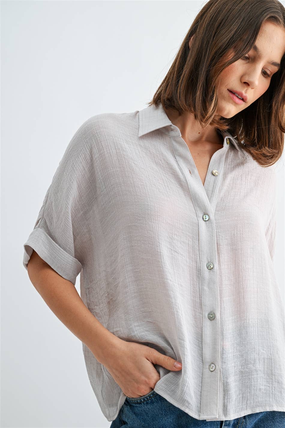 BUTTON DOWN DOLMAN SHORT SLEEVE TOP