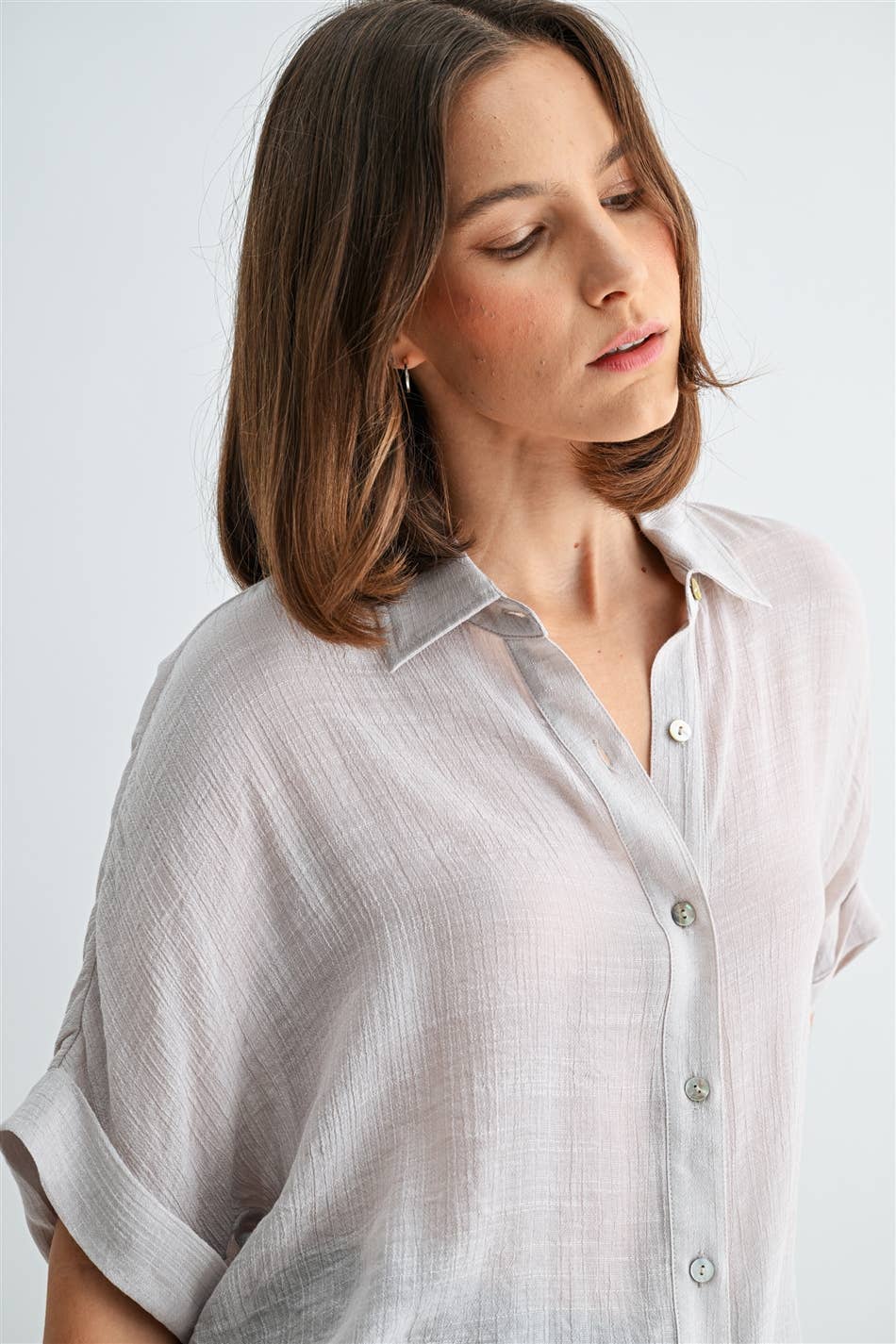 BUTTON DOWN DOLMAN SHORT SLEEVE TOP