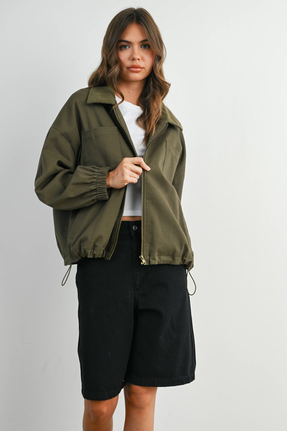 BUTTERMELON - Cord Collar Zip-Front Long Sleeve Jacket - BMJ7780