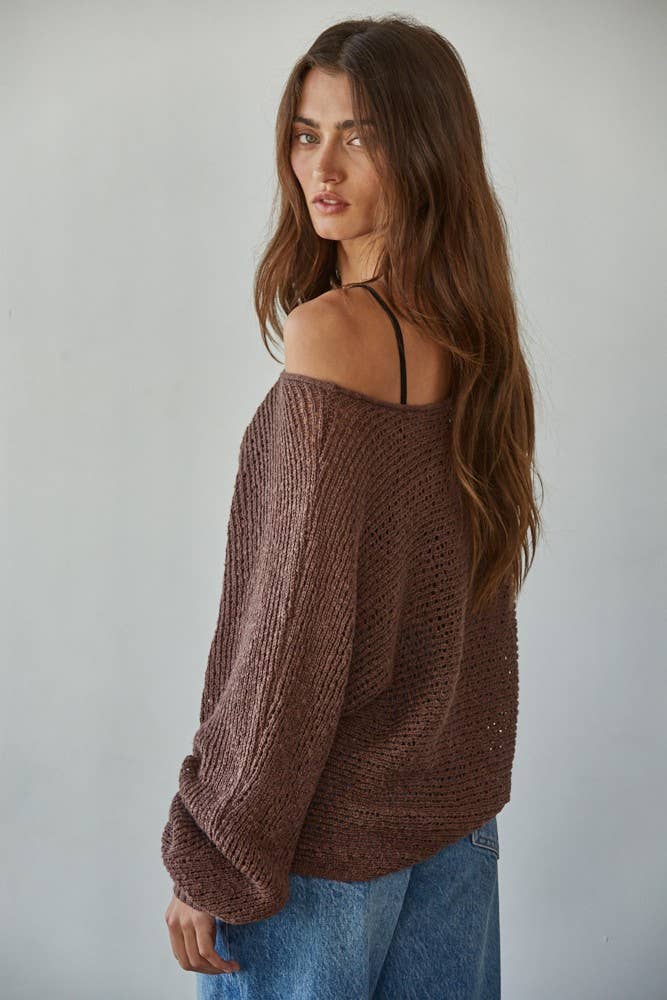 Sweater Knit Crochet Round Neck Long Sleeve Top - By Together