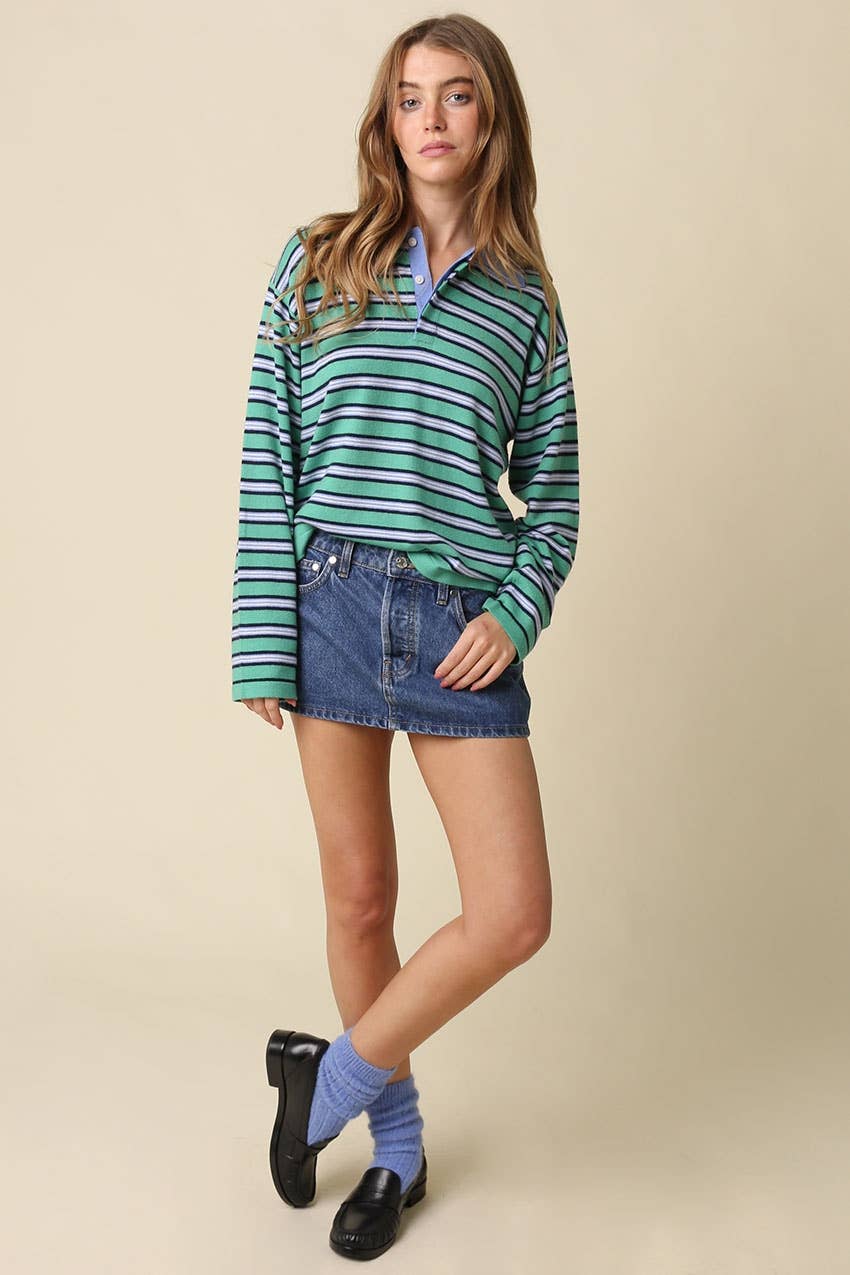 Lena Stripe Collared Knit Top - Olivaceous