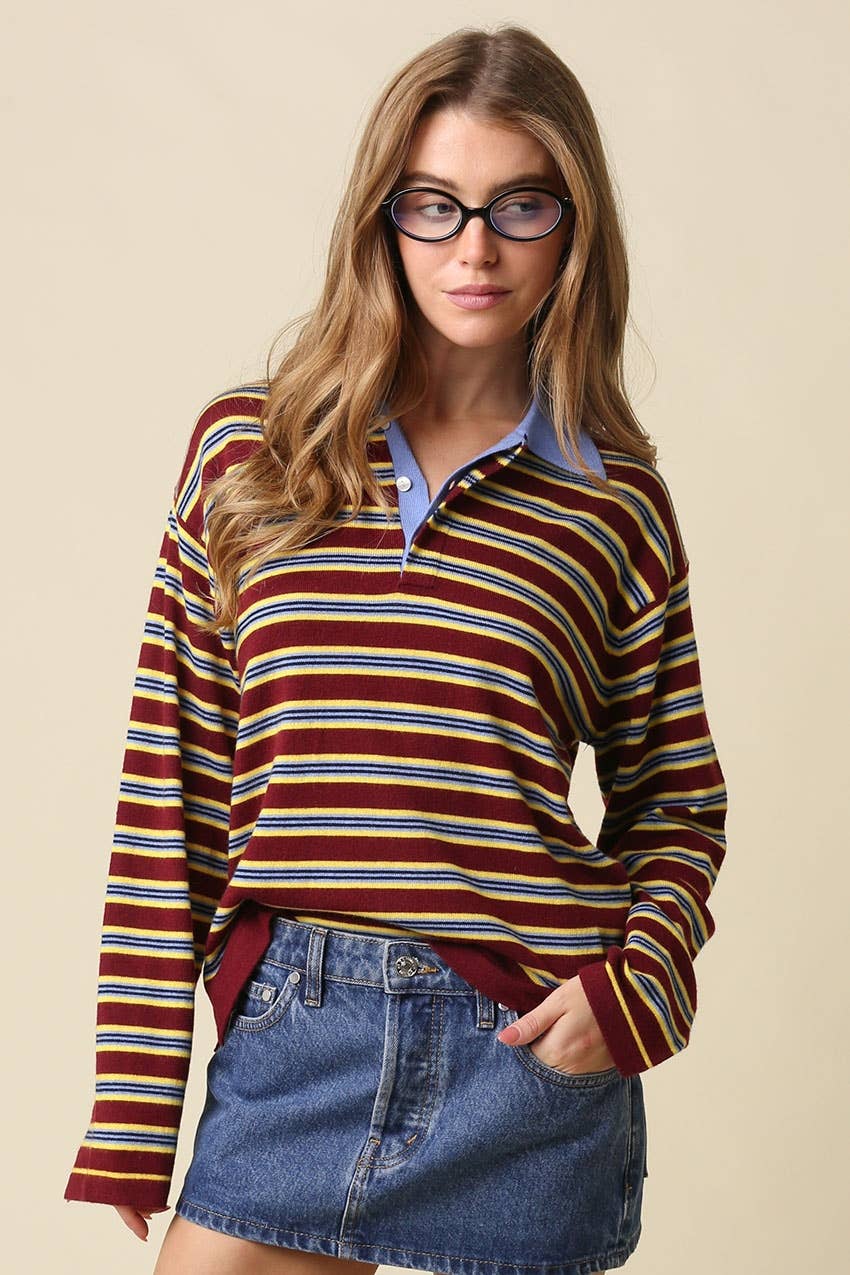 Lena Stripe Collared Knit Top - Olivaceous