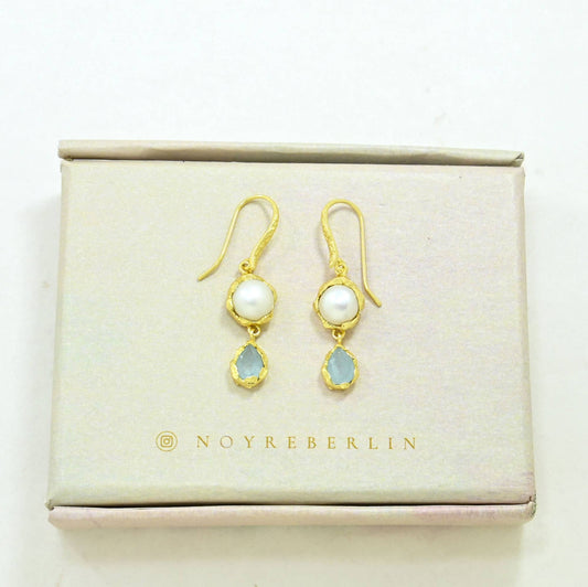 Schmuckoo Berlin - Nerina Earring Gold Plated - Pearl & Aquamarine Chalcedony