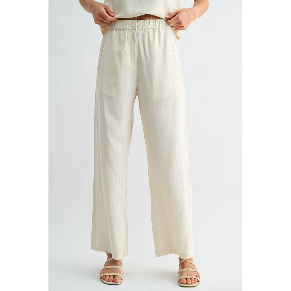 FUN2FUN - LINEN BLEND ELASTIC WAIST BUTTON FRONT PANTS