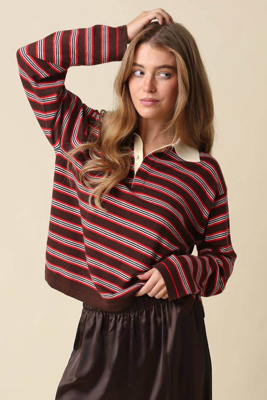 Lena Stripe Collared Knit Top - Olivaceous