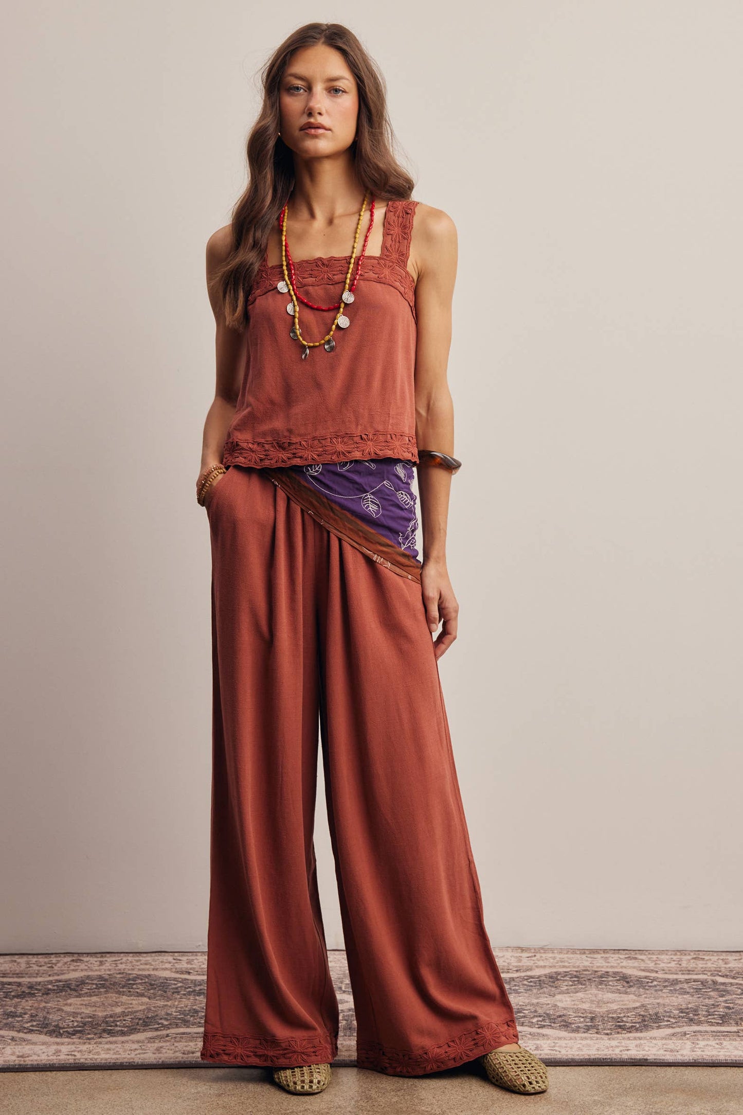 Embroidered Square-Neck Tank & Wide-Leg Pants Set FSET011