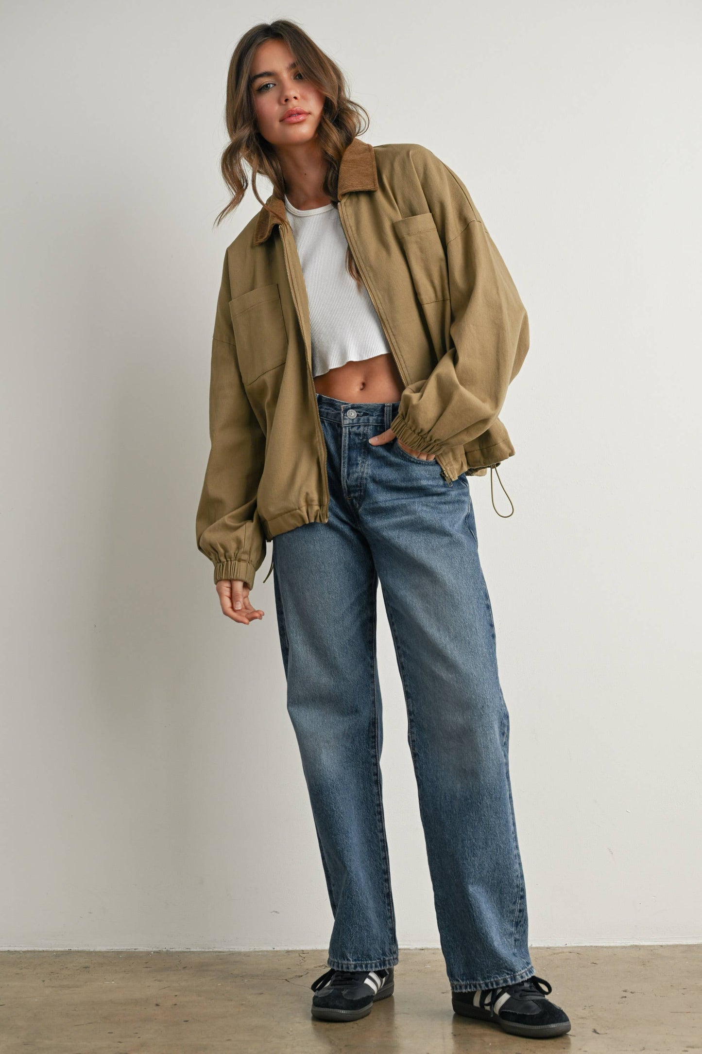 BUTTERMELON - Cord Collar Zip-Front Long Sleeve Jacket - BMJ7780