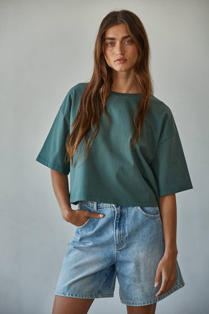 By Together - L8688 | Knit Cotton Crew Neck Drop Shoulder Short Sleeve Top
