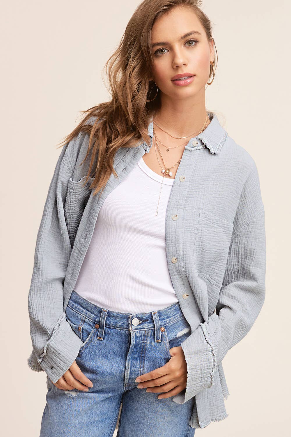 La Miel - SRT7448-Soft Washed Crinkled Gauze Button Down Shirts