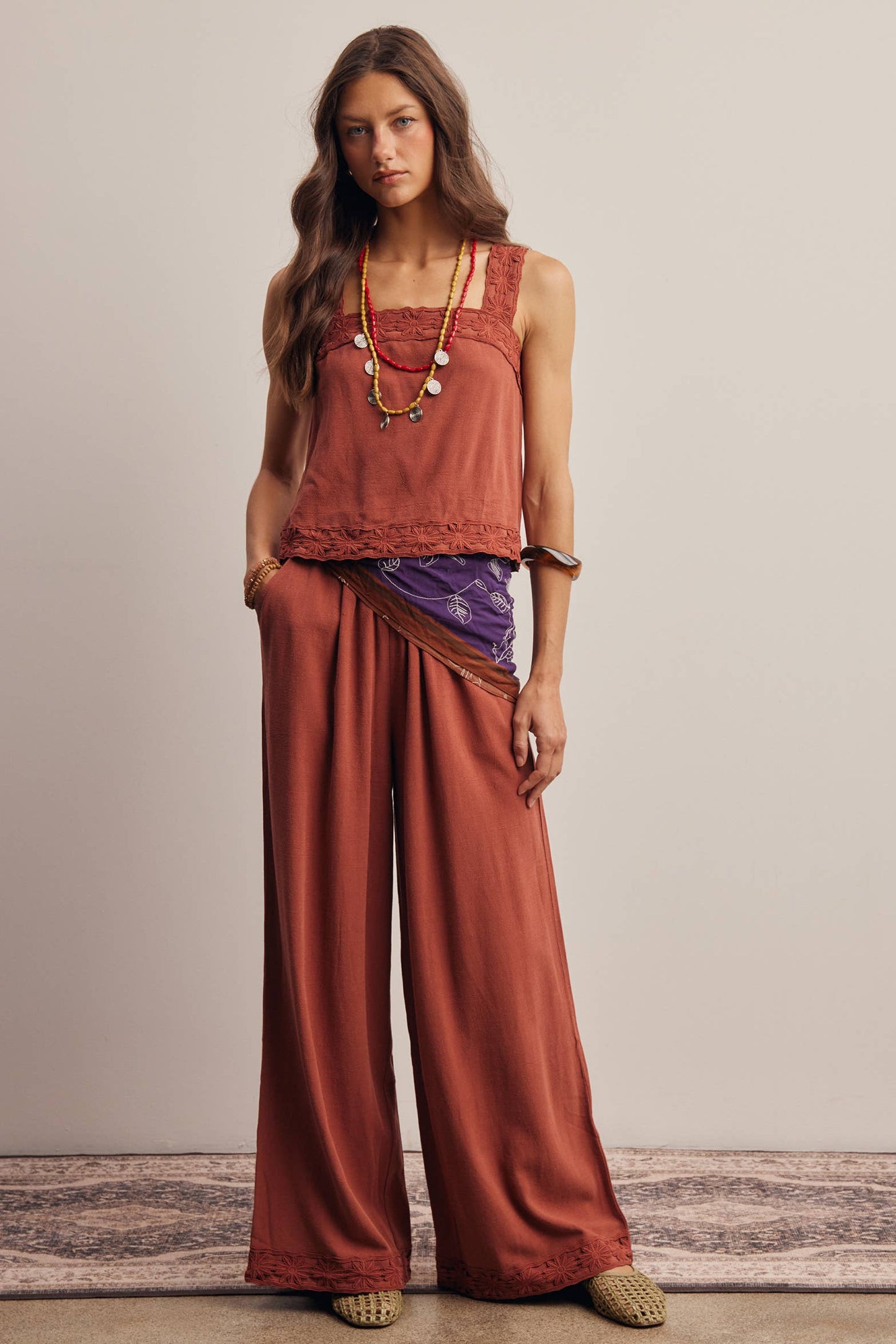 Embroidered Square-Neck Tank & Wide-Leg Pants Set FSET011