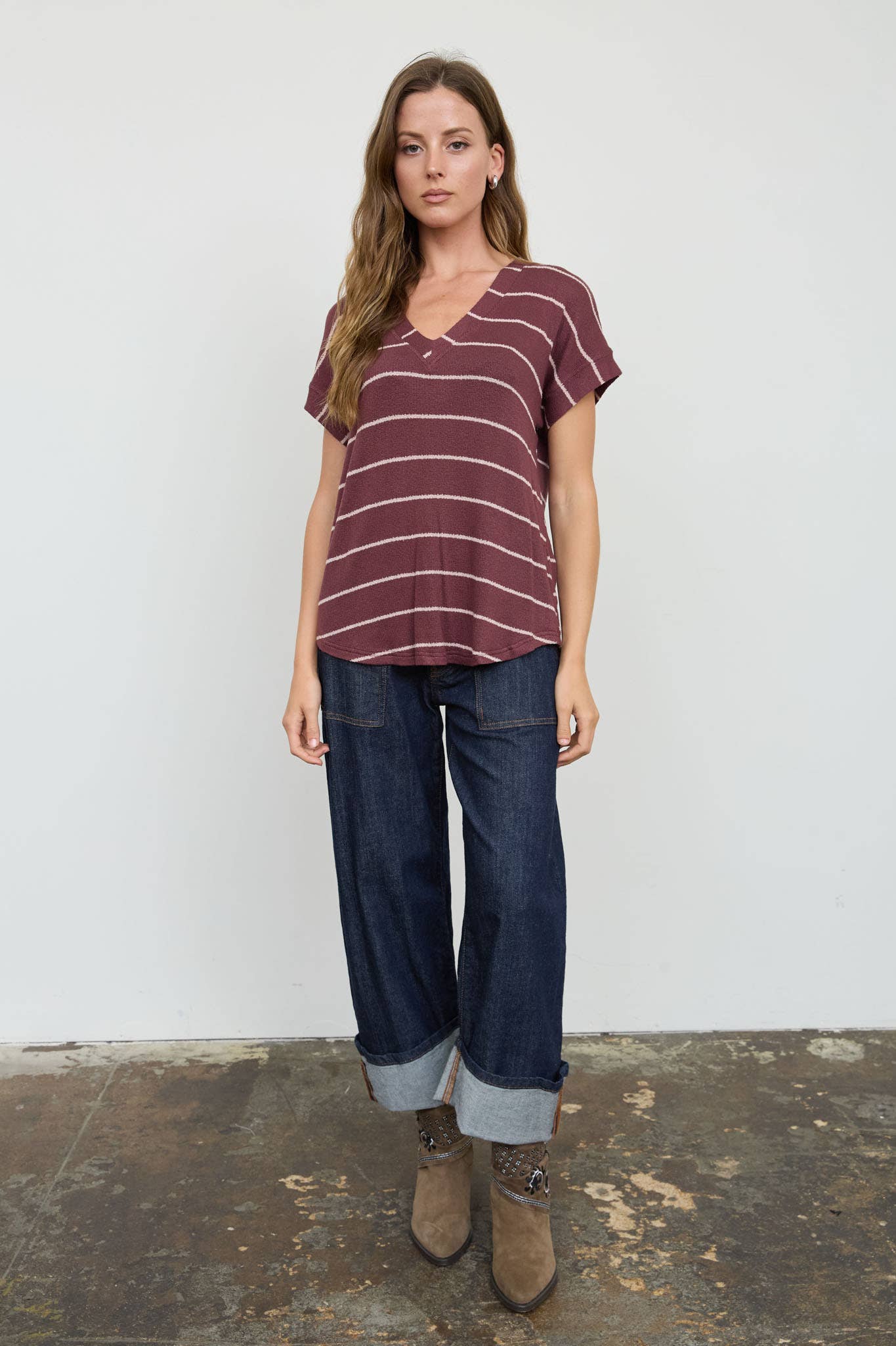 STRIPE V NECK CUFFED SLEEVE KNIT TOP - Blu Pepper