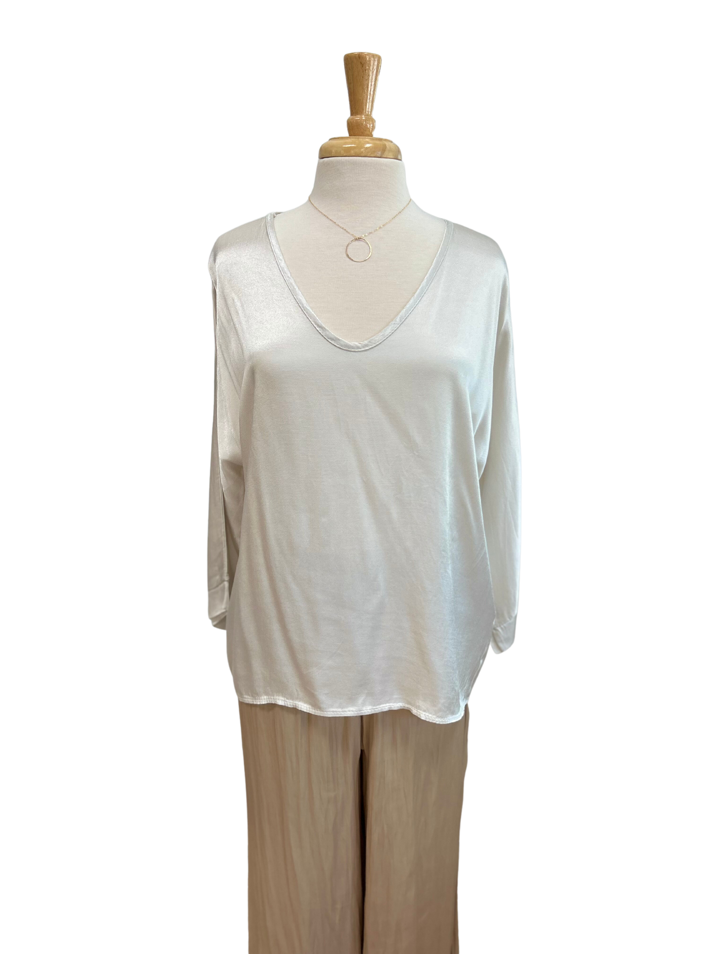 V-Neck Cuff Sleeve Satin Top