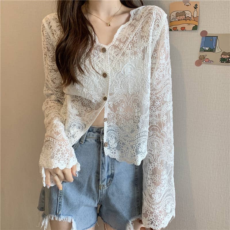 Hope & Sunshine - Crochet Cutout Long Sleeve Lace Mesh Top