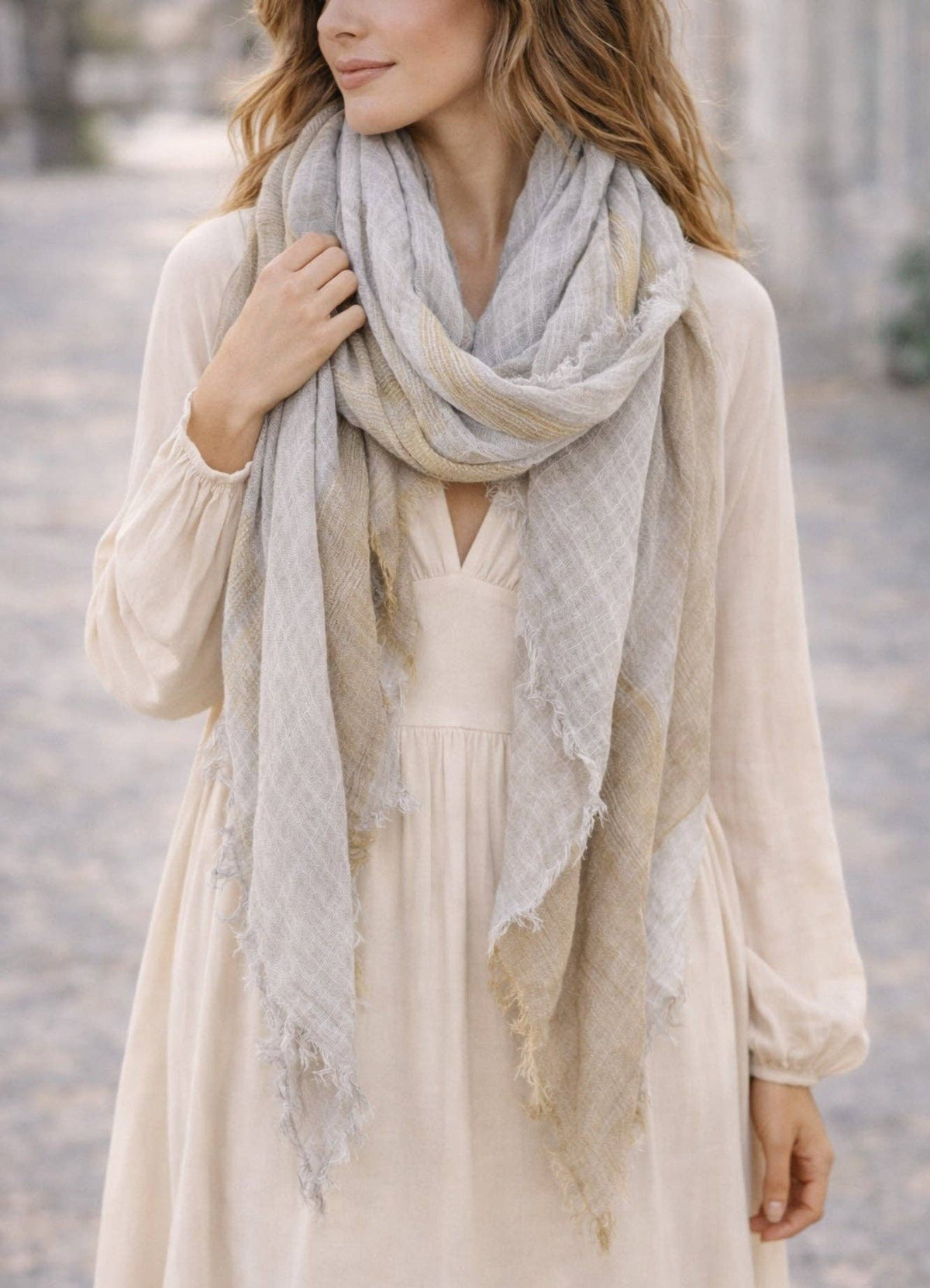 JC Sunny Fashion - JC021038 Textured Gauze Scarf Shawl – Soft Washed Colorblock Wrap with Subtle Distressed Dye & Raw Fringe Edges