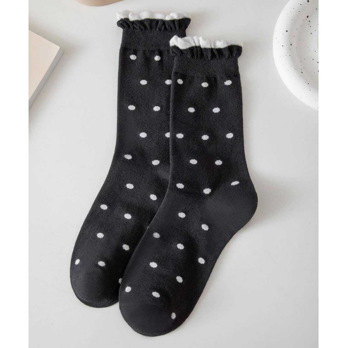 WOMEN PLAID DOT RUFFLE SLOUCH CREW SOCKS - NINEXIS