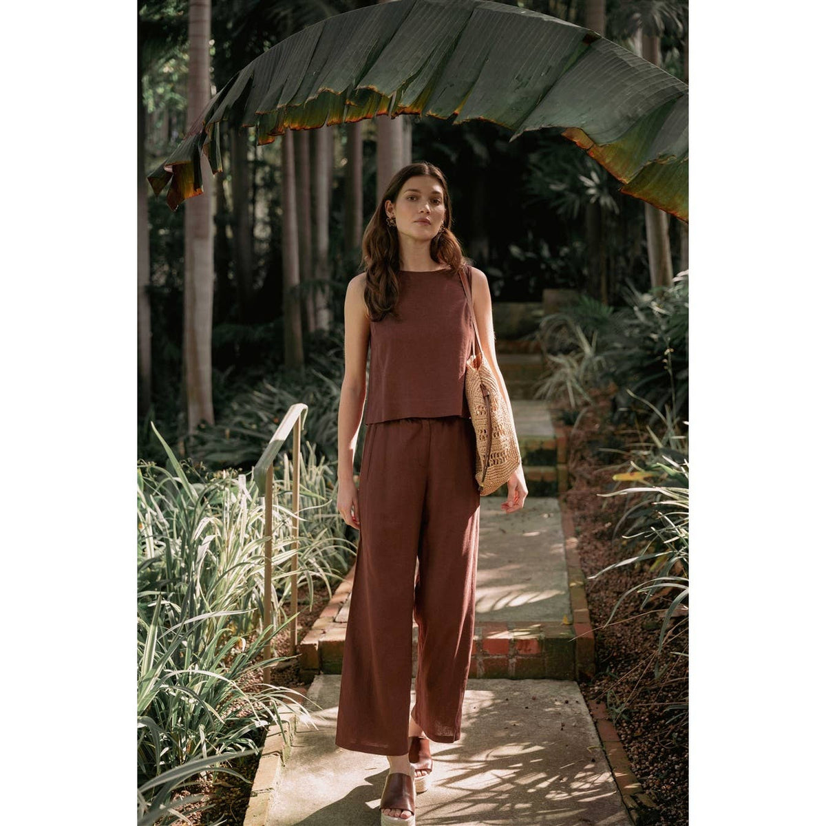 FUN2FUN - LINEN BLEND ELASTIC WAIST BUTTON FRONT PANTS
