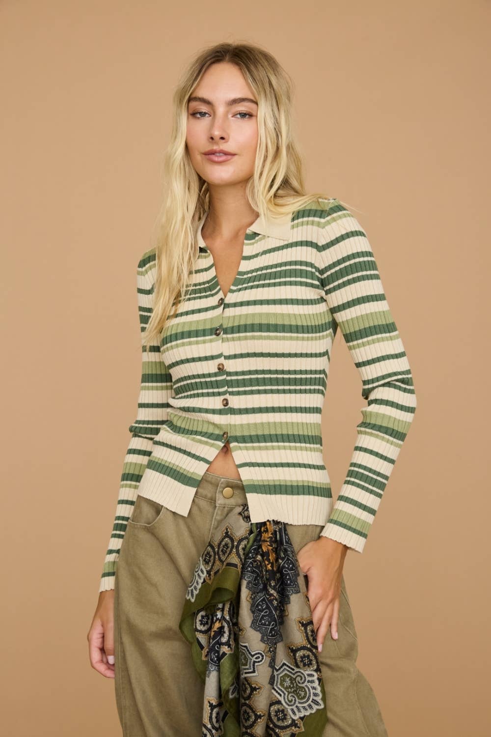 Striped Ribbed Polo Collar Button Knit Top - Dottie Dottie