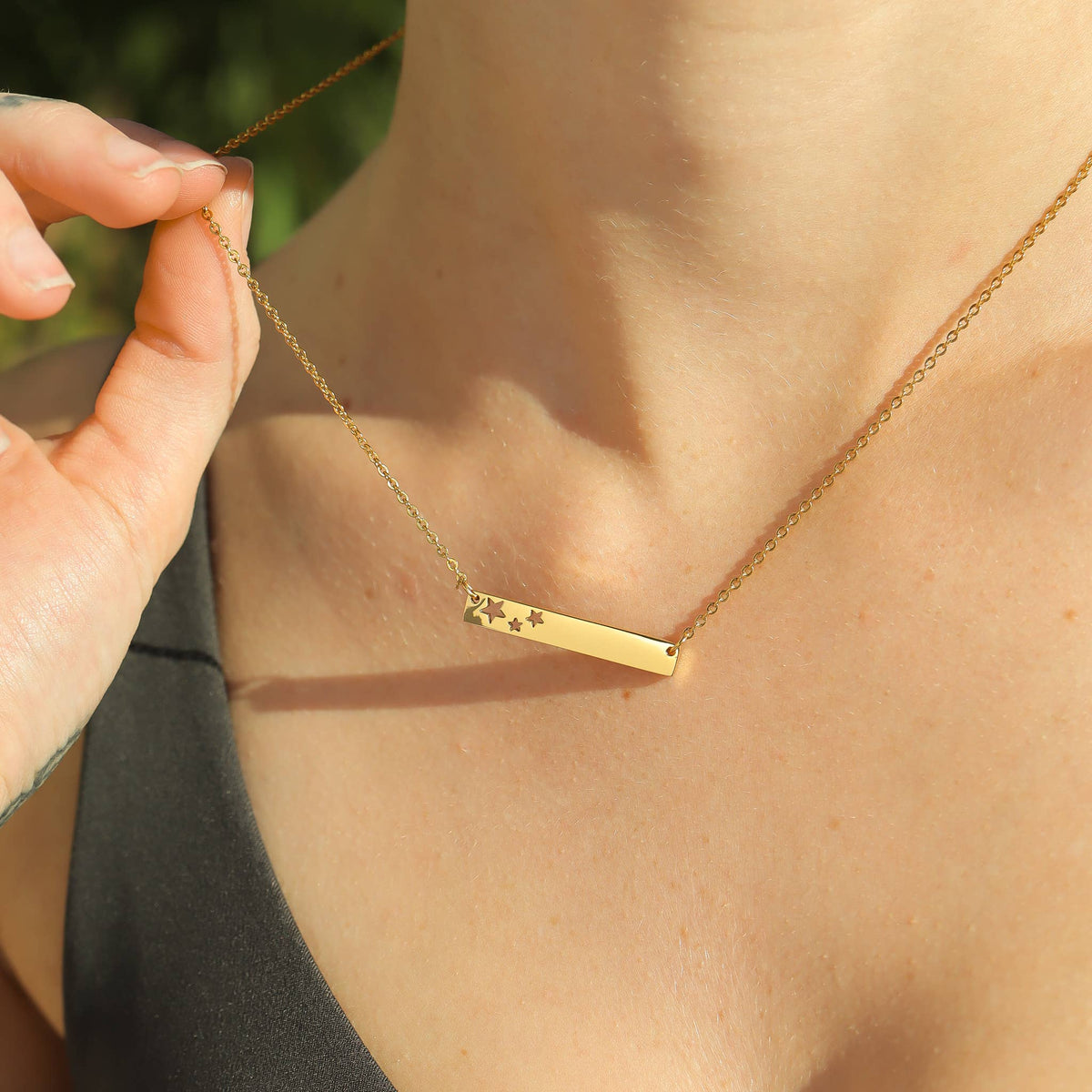 18K Gold PVD Stainless Stars Blank Bar Necklace - WJW