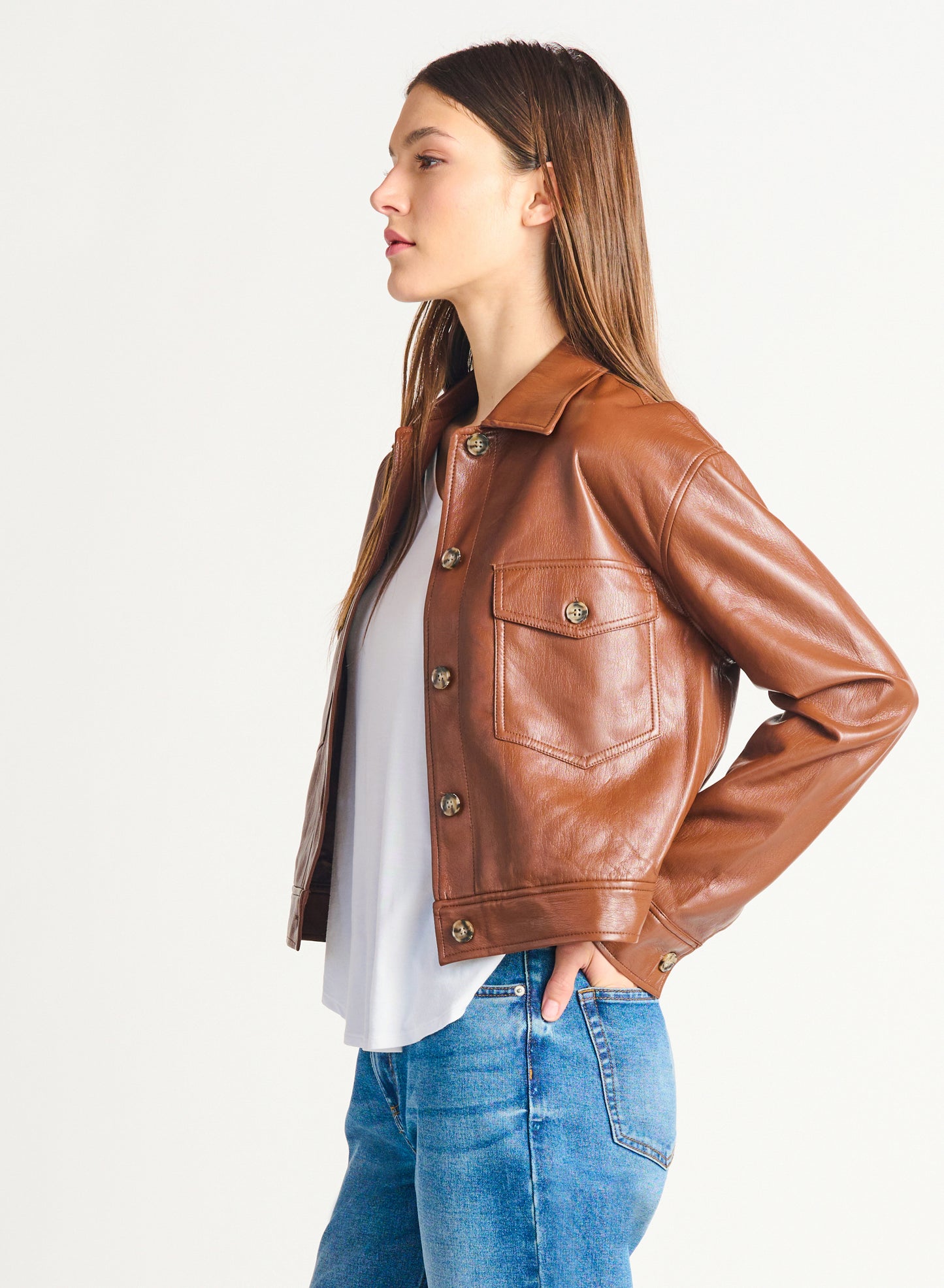 BUTTON FRONT FAUX LEATHER JACKET