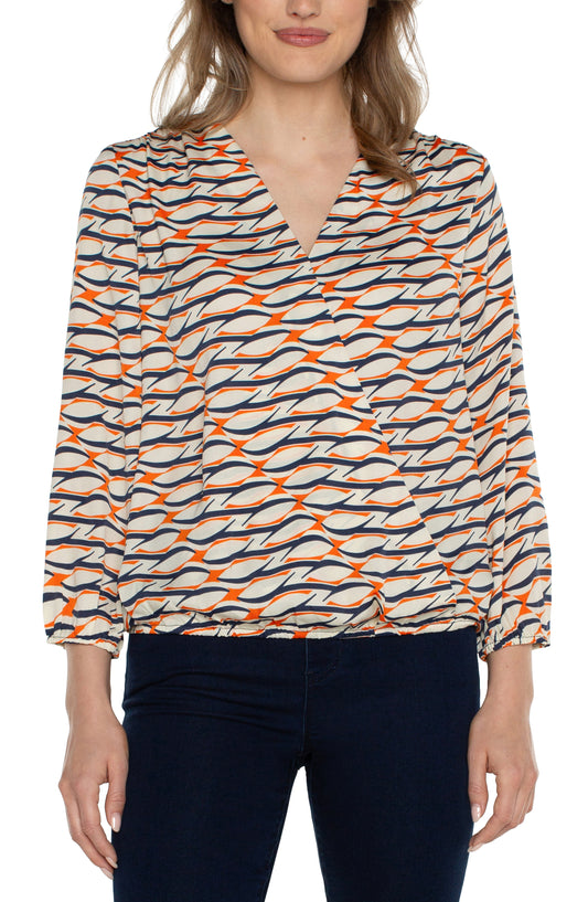 3/4 Sleeve Surplice Front Woven Top