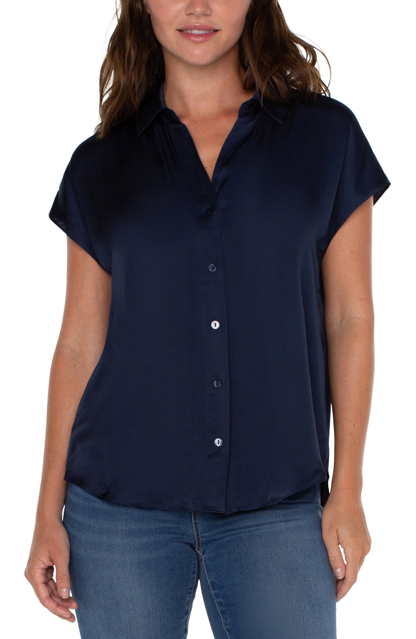 Dolman Sleeve Collared Button Front Woven Blouse