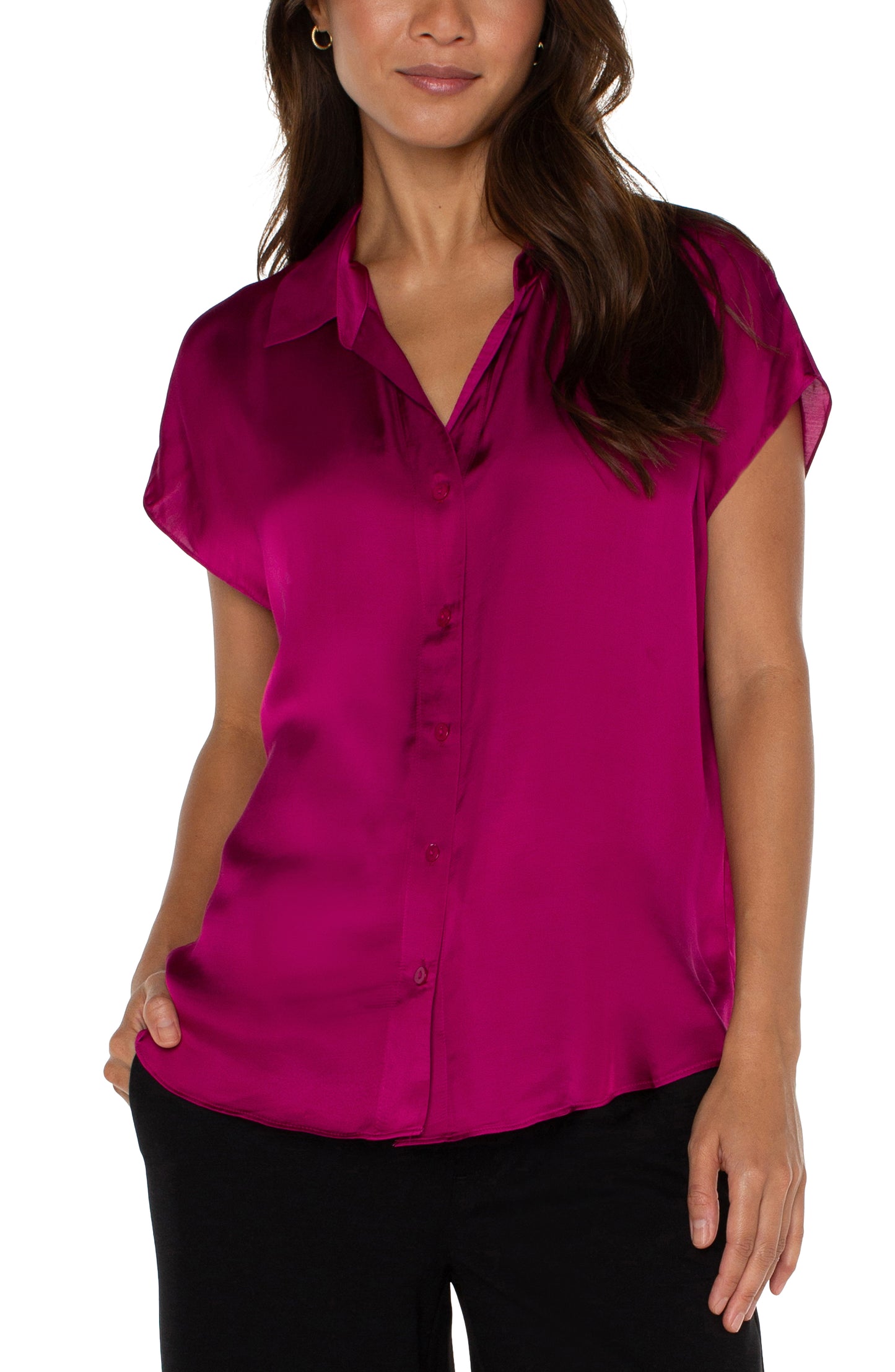Dolman Sleeve Collared Button Front Woven Blouse