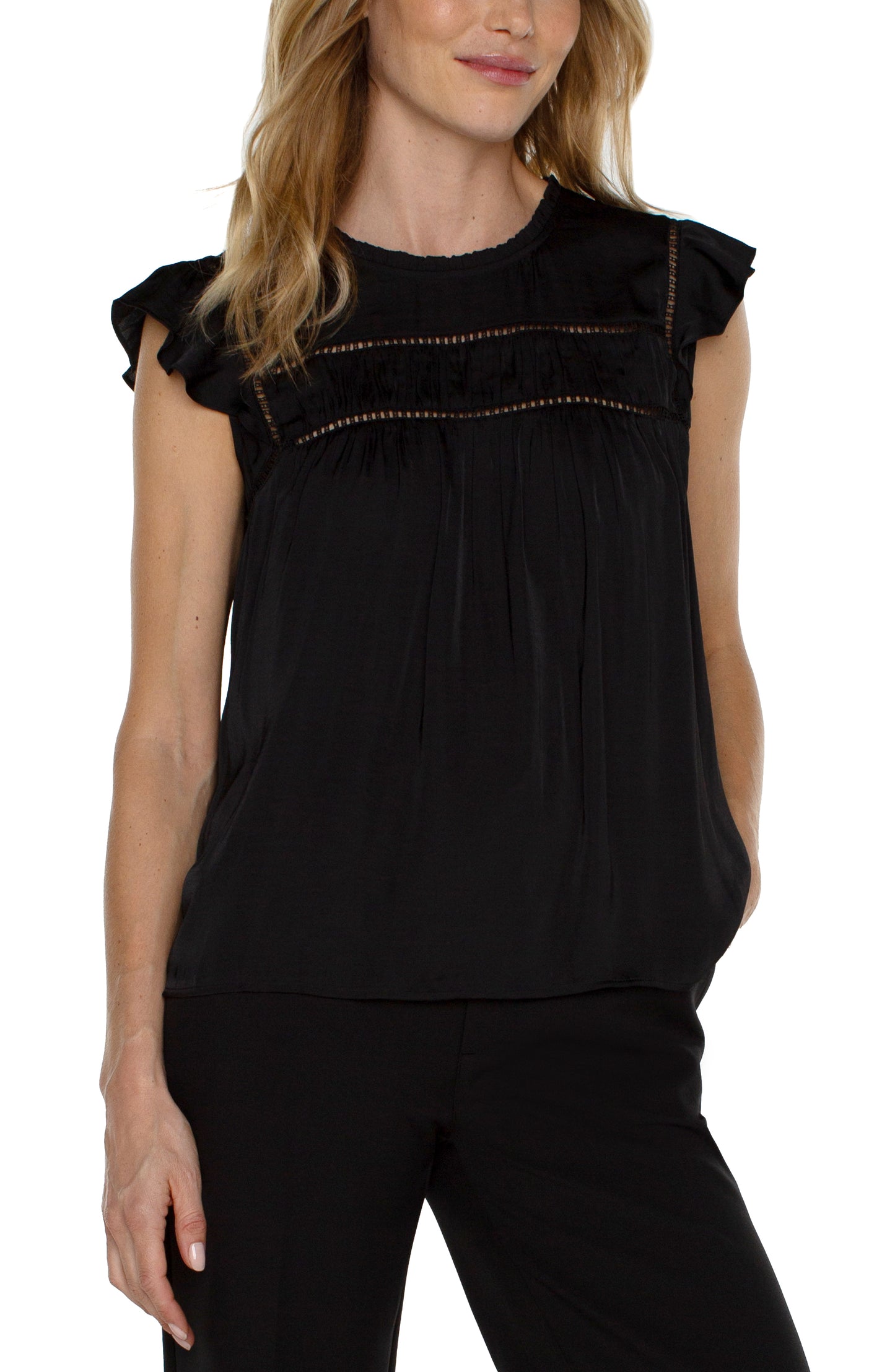 Flutter Sleeve Woven Top w Trim Detail