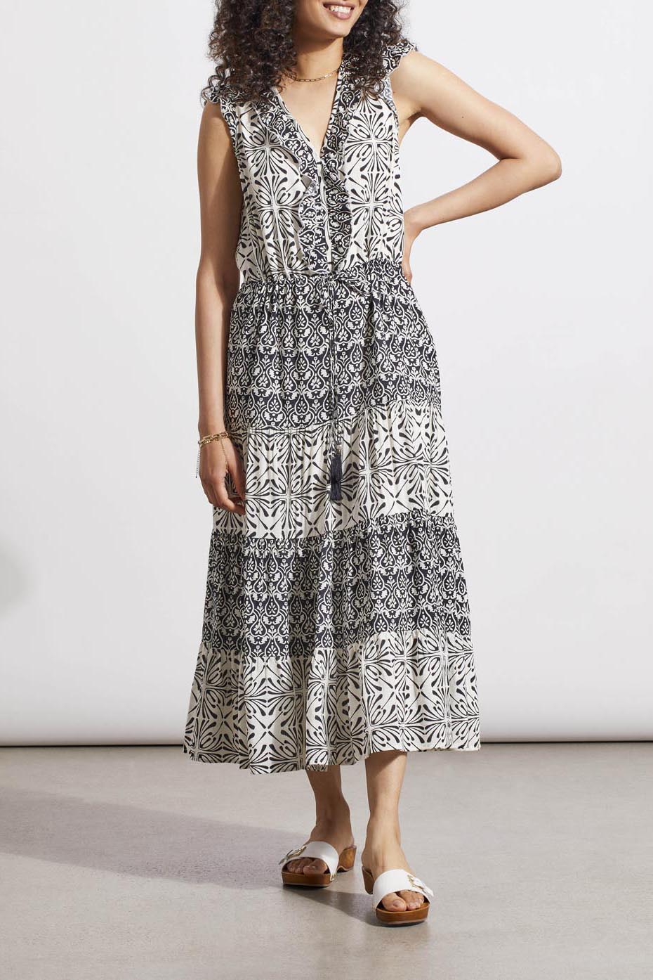 LINED COMBO PRINT DRESS W\ DRAWCORD