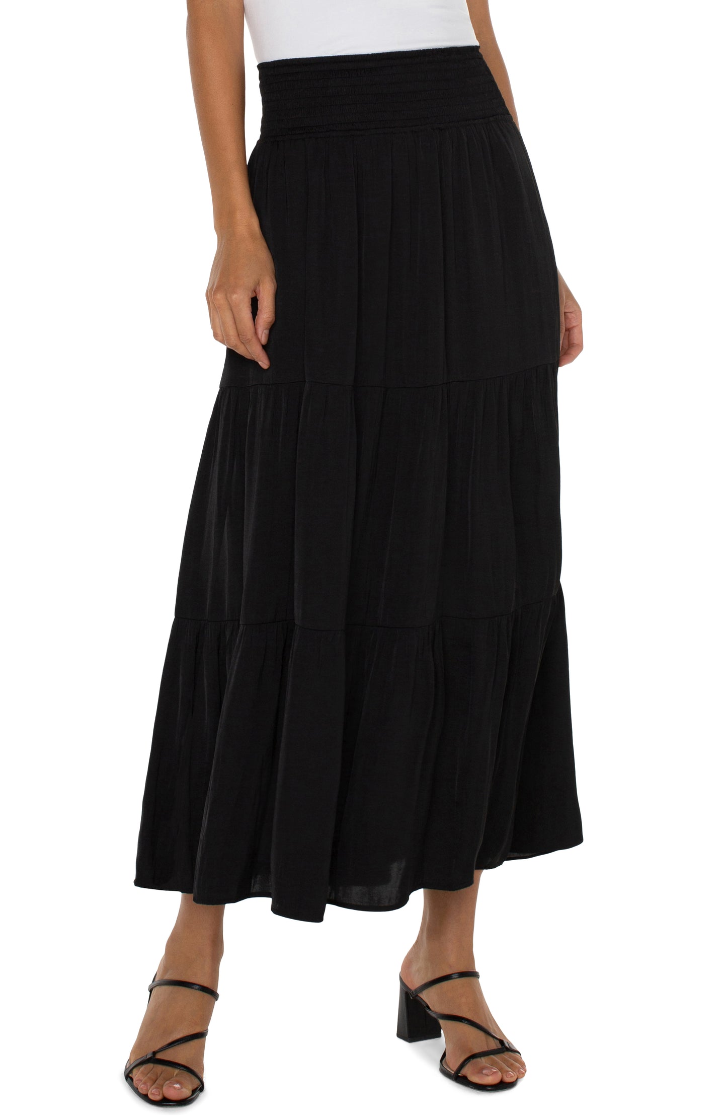 tiered woven maxi skirt w/ smocked waist