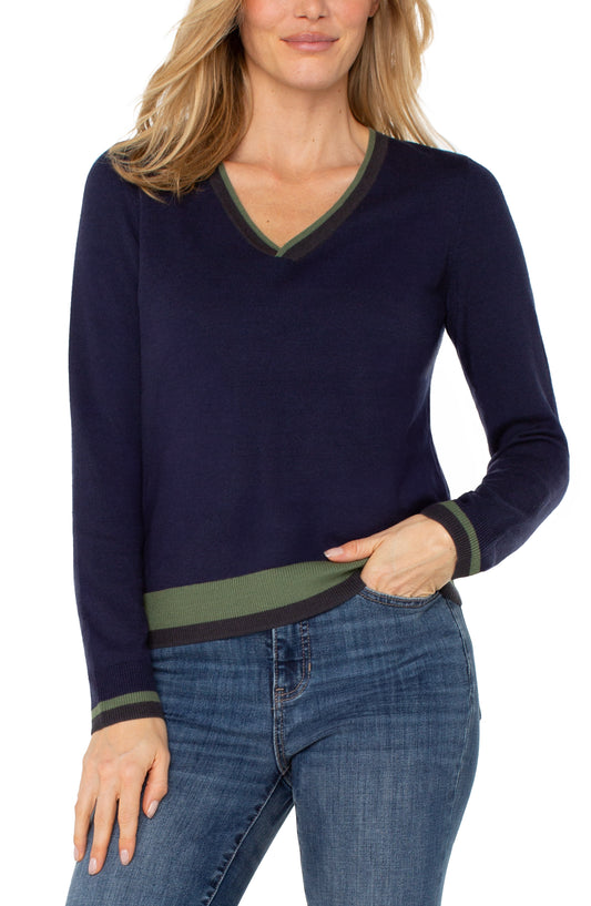 long sleeve v neck colorblock sweater