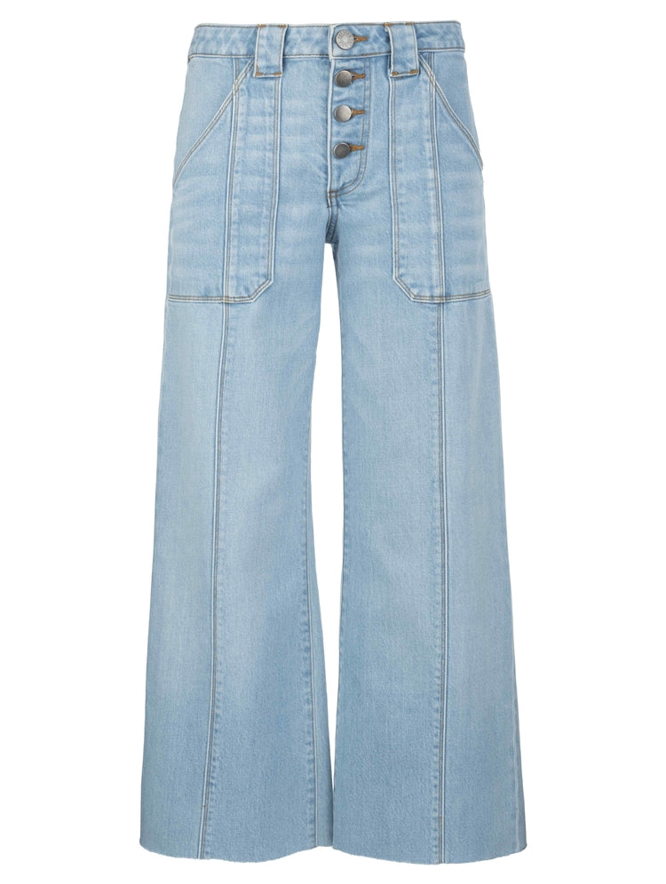 MEG HIGH RISE WIDE LEG PATCH PKTS EXP BTTN RAW HEM