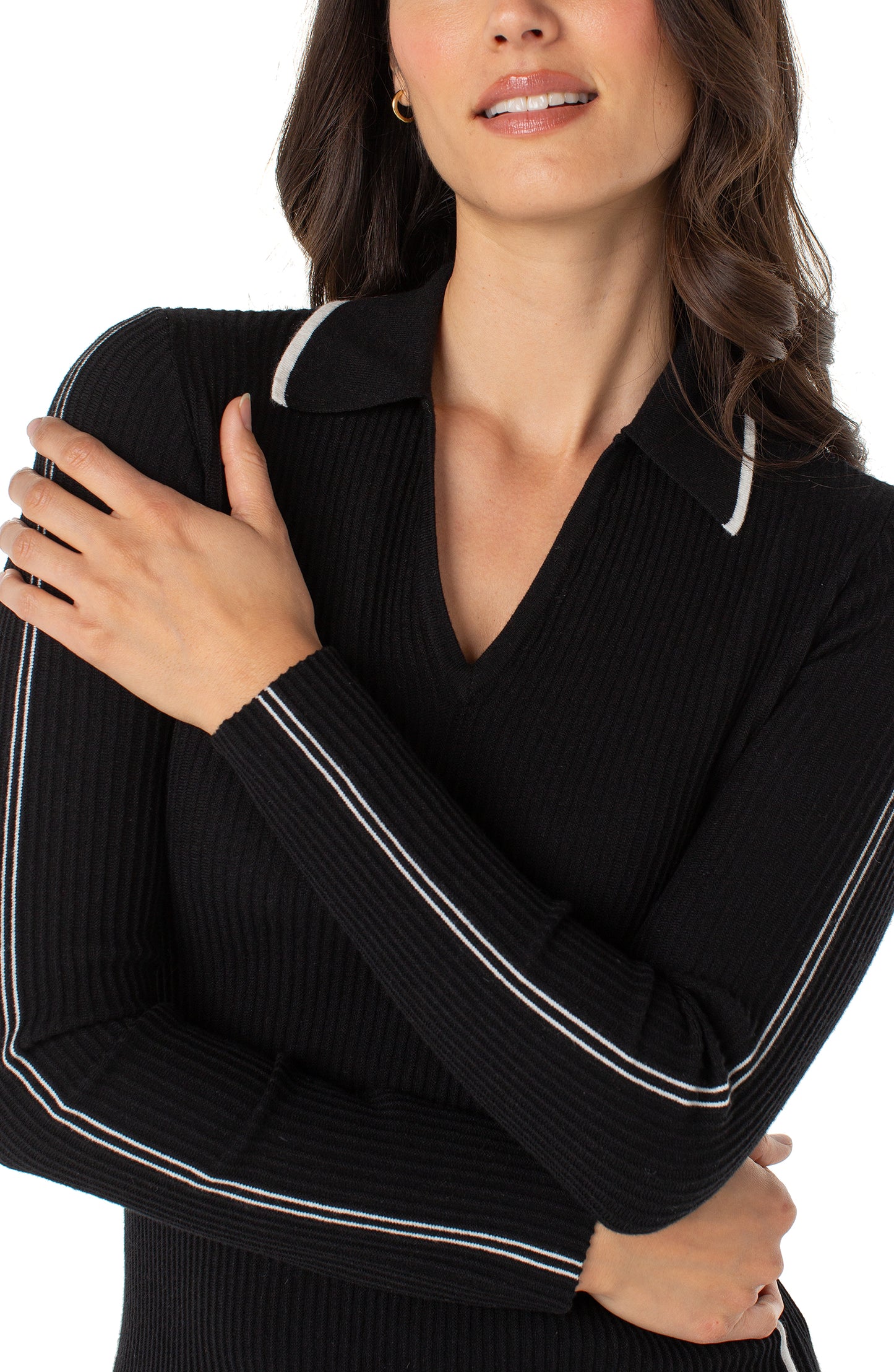 long slv v-neck collared sweater