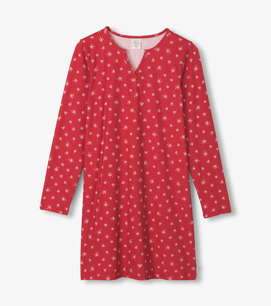 red snowflakes long sleeve night dress in a bag