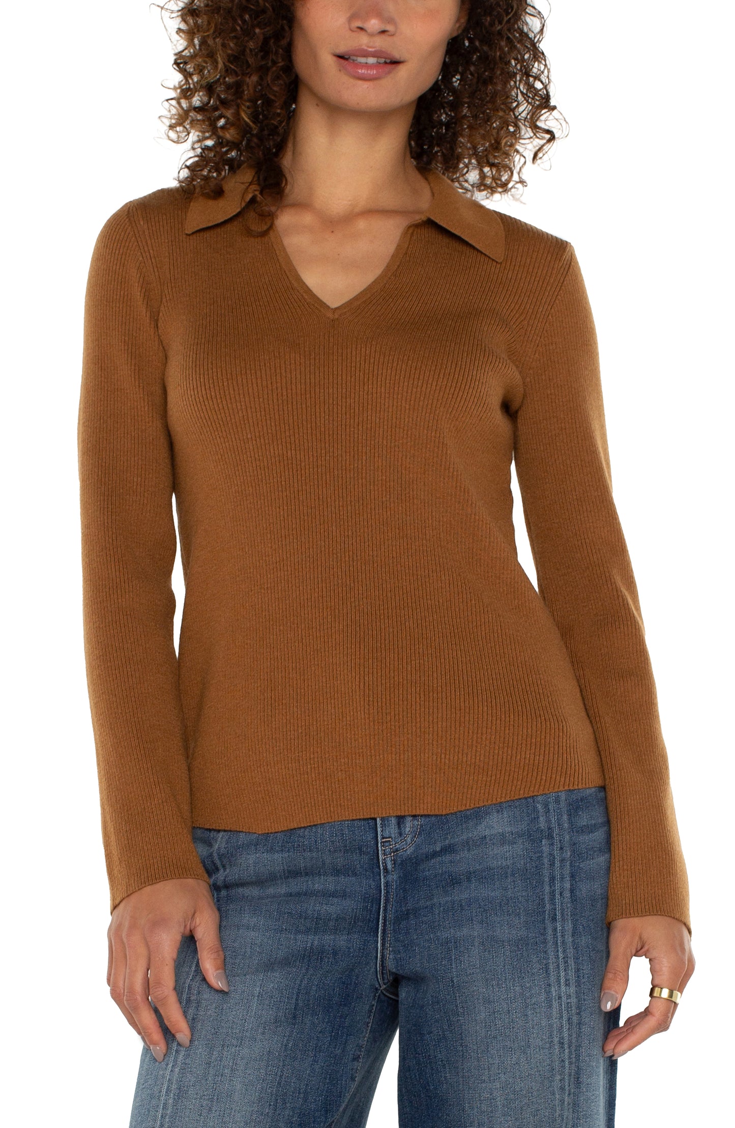 long sleeve v neck collared sweater