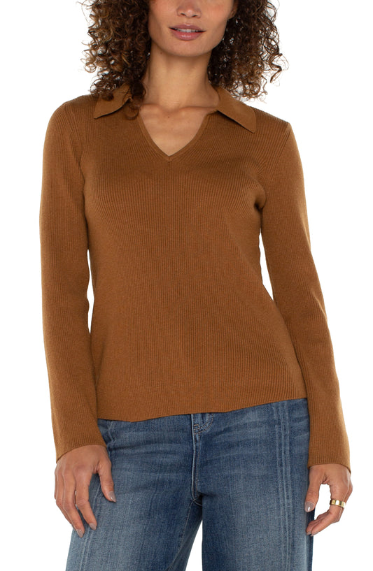 long sleeve v neck collared sweater