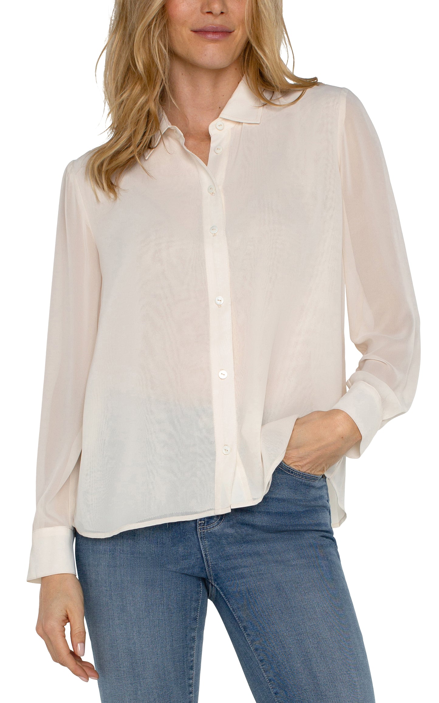 long sleeve woven shirt w/ pleat back detail