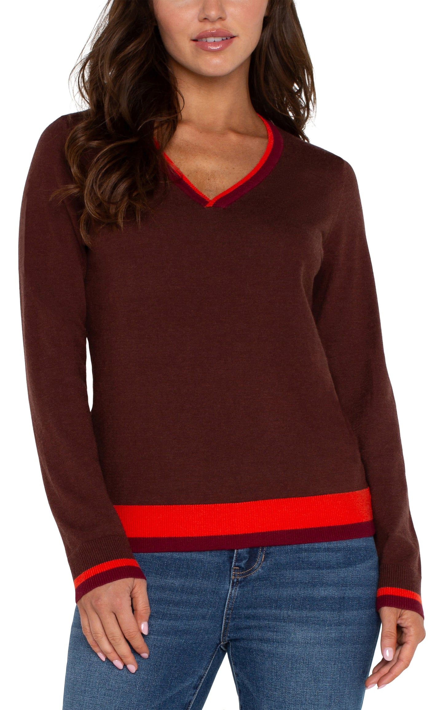 long sleeve v neck colorblock sweater