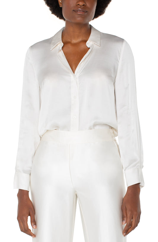 long sleeve collared button front woven blouse