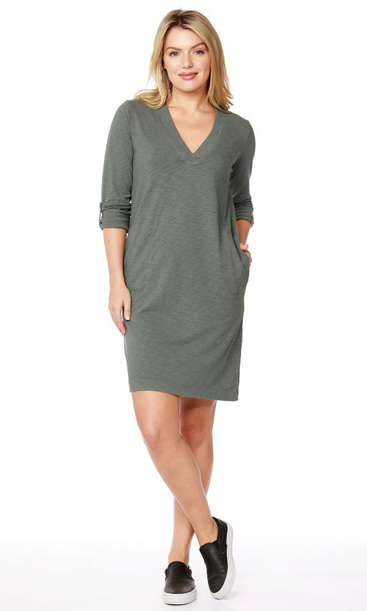 Bobi Sleeve Tab V-Neck Dress
