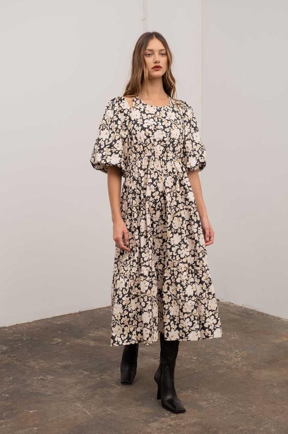 Moon River Cut Out Halter Floral Print Midi Dress